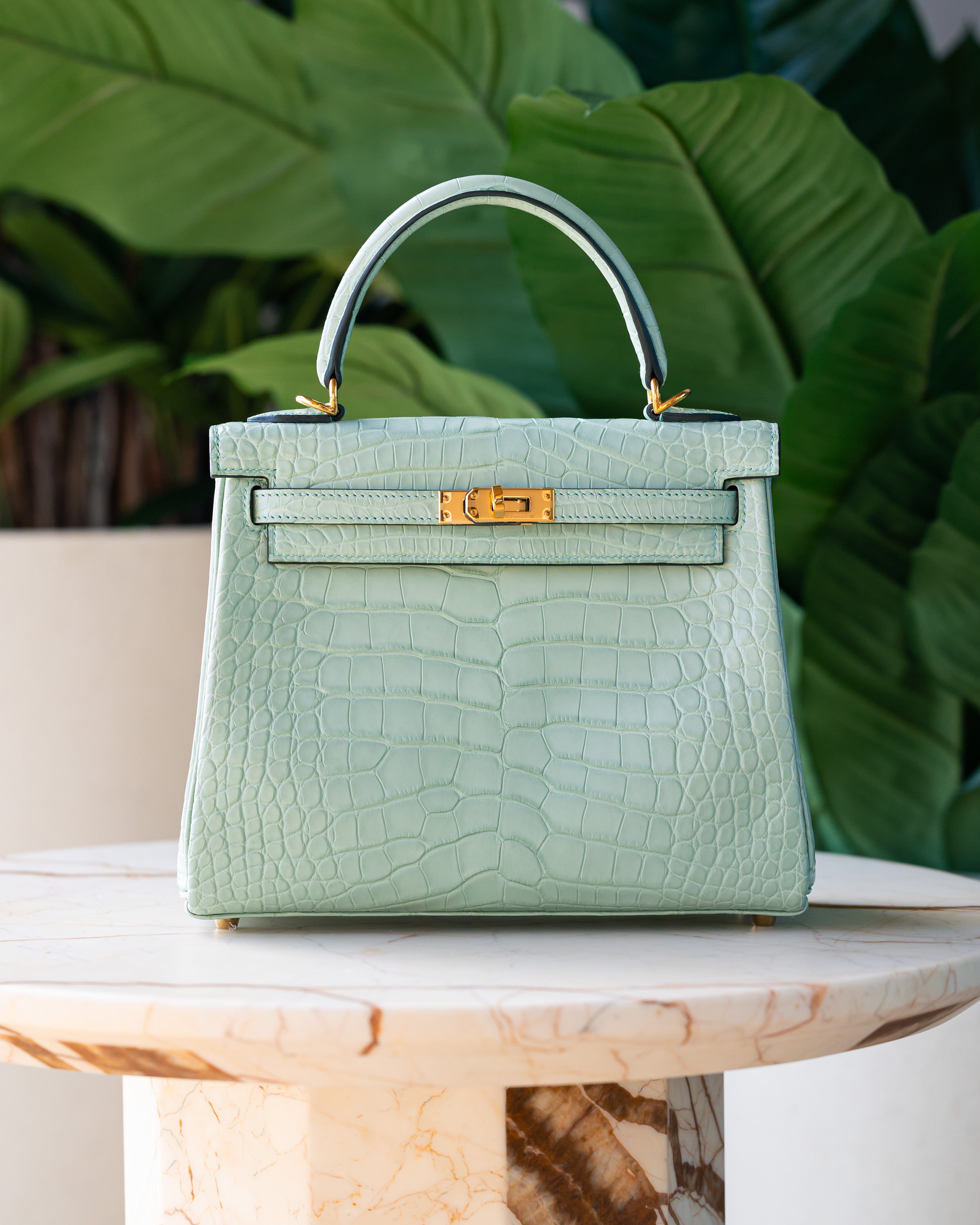 2025 Hermès Kelly 25 Alligator Mississippiensis Matte Retourne GHW Vert D'eau (6U)