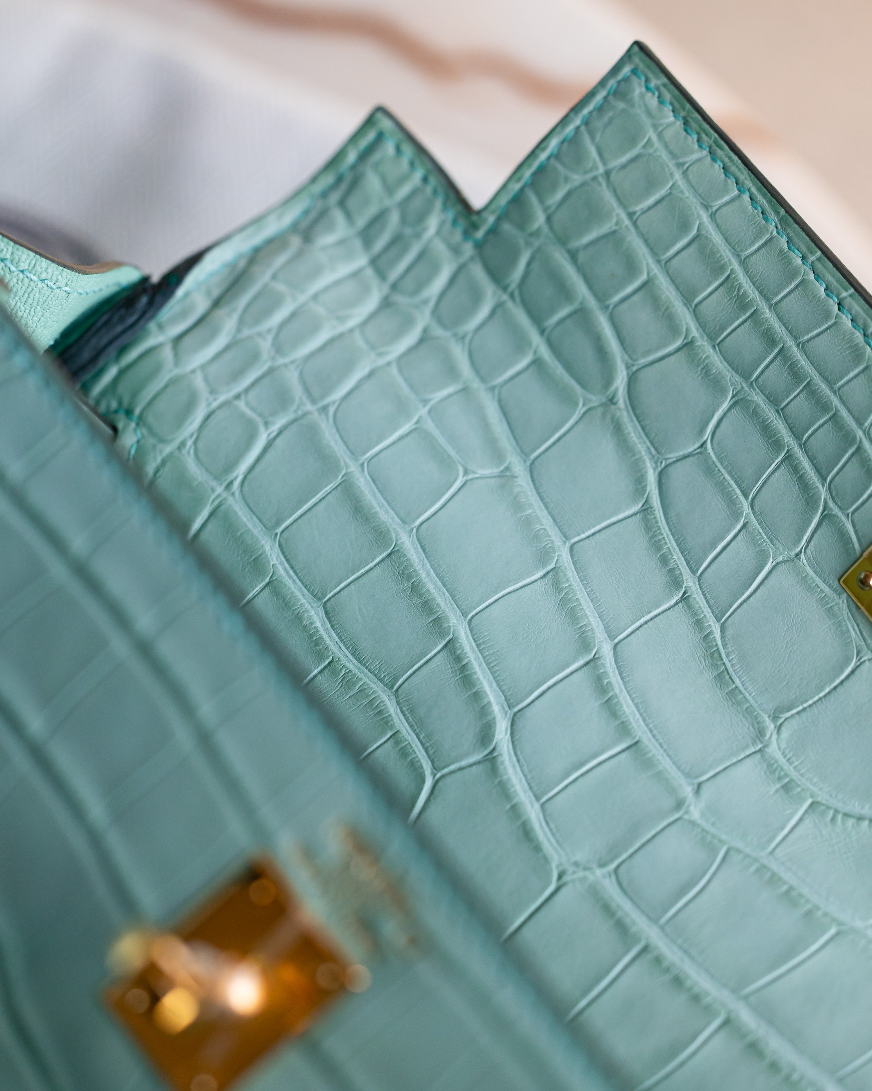 2025 Hermès Kelly 25 Alligator Mississippiensis Matte Retourne GHW Vert D'eau (6U)