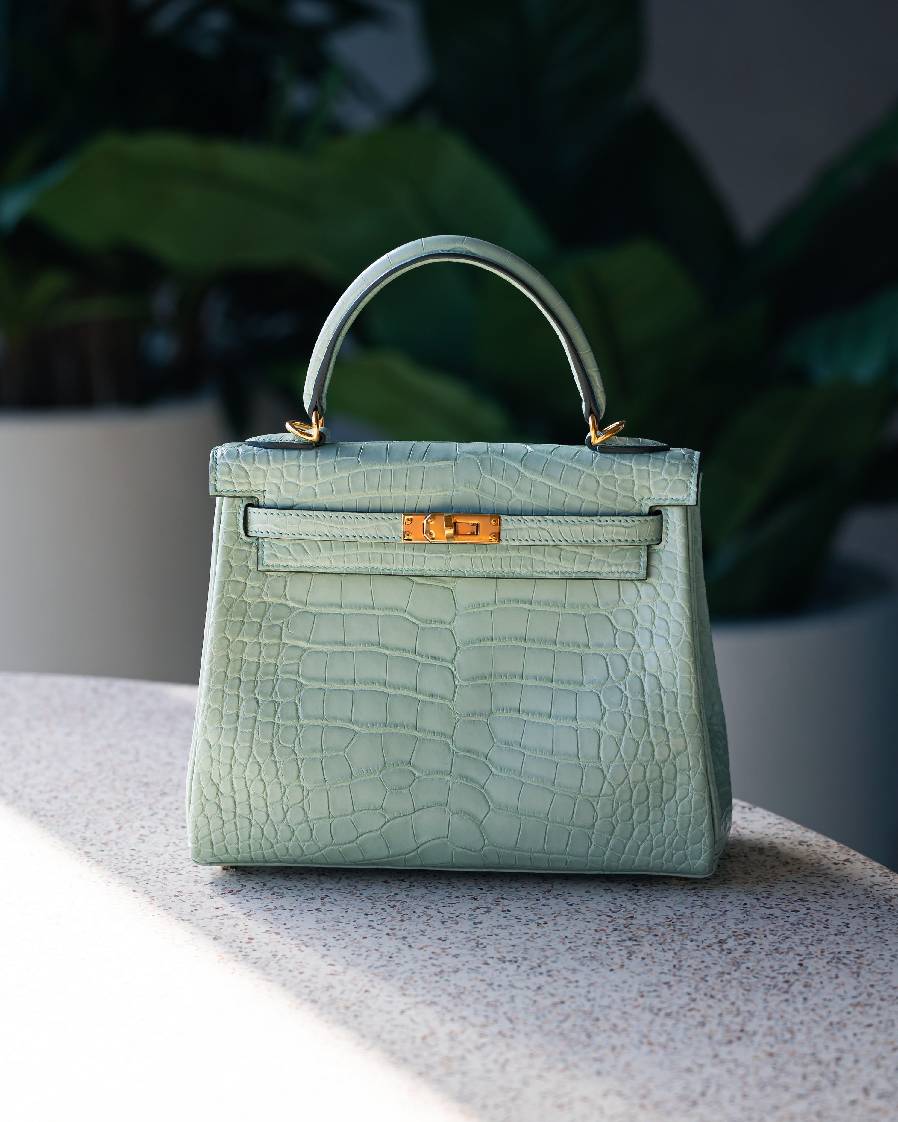 2025 Hermès Kelly 25 Alligator Mississippiensis Matte Retourne GHW Vert D'eau (6U)
